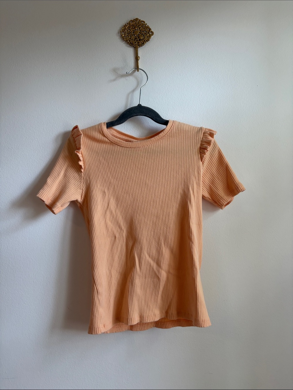 Zara Kids Pastel Orange Ribbed Short Sleeve Top with Ruffle Shoulders